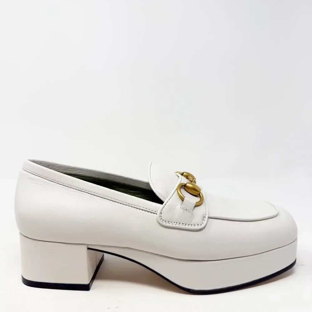 Gucci Houdan Horsebit Platform Loafers White Leather Womens Size EU 36